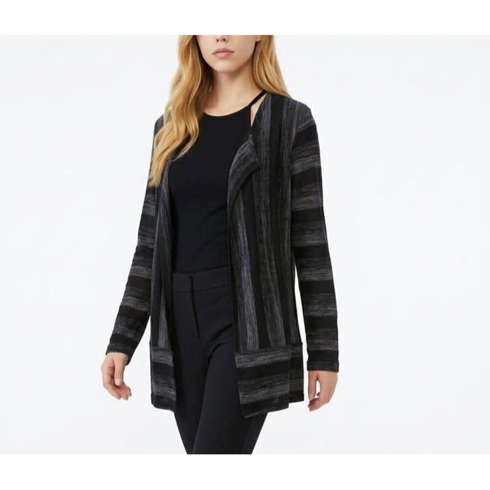 AREA Mixed Stripe Open Front Draped Cardigan Sweater Gray Black Women's Small